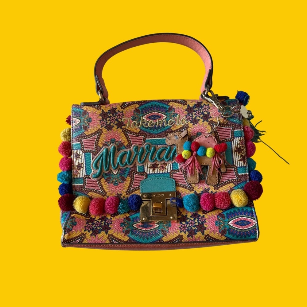 ALDO Marrakech Takemeto Embroidered Pom Pom Crossbody Bag Multicolor Satchel